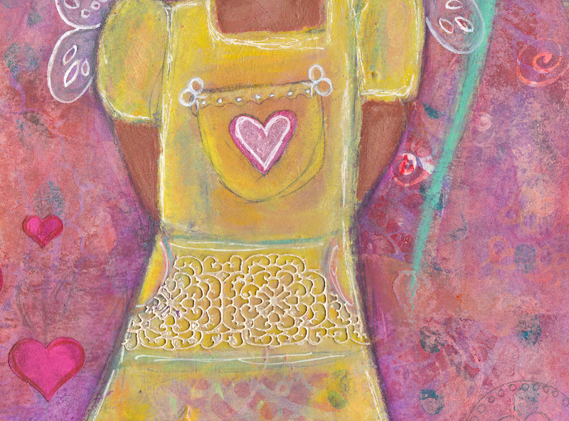 cute girl and bird whimsy mixed media painting joanne seale