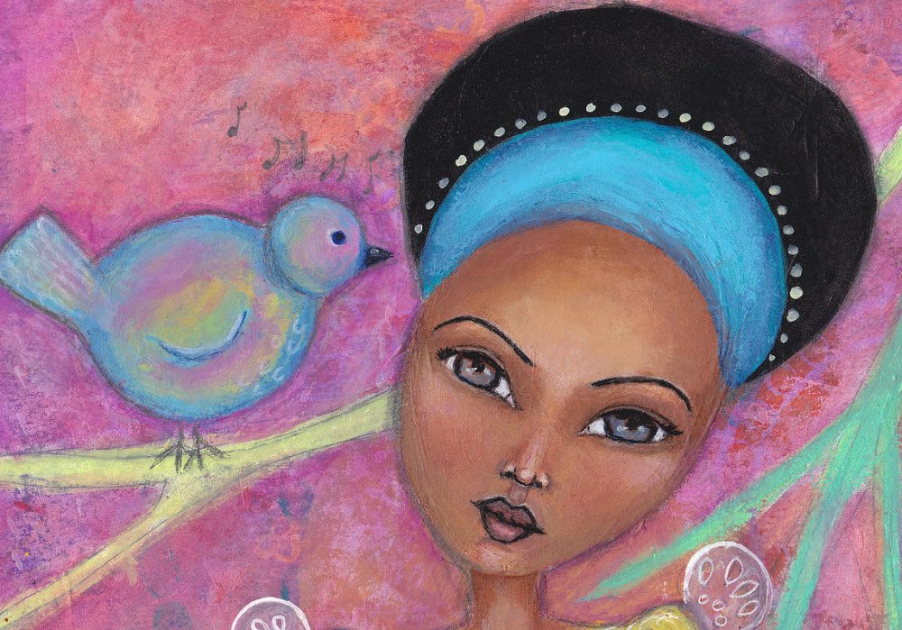 cute girl and bird whimsy mixed media painting joanne seale